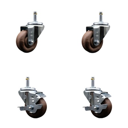 Service Caster 3'' High Temp Glass Filled Nylon 7/16'' Grip Ring Stem Caster Set 2 Brakes, 4PK SCC-GR20S314-GFNSHT-716138-2-TLB-2